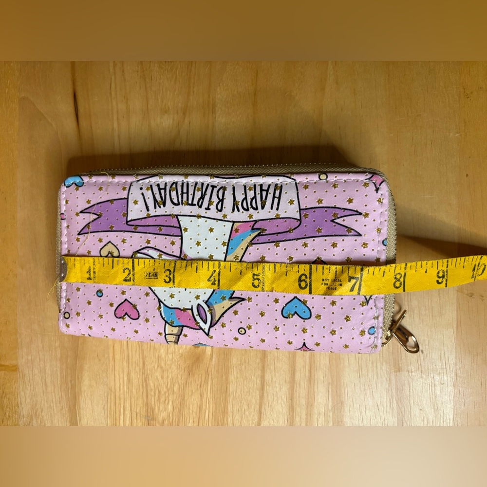 Unicorn Happy Birthday Zip Around Wallet Pink Gold Stars Wristlet Clutch - Picture 7 of 9